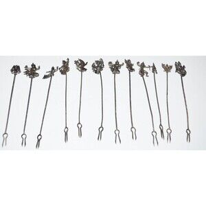 Vtg Silvertone Cocktail Picks Asian Oriental Appetizer Siam Dancer Medieval 12pc